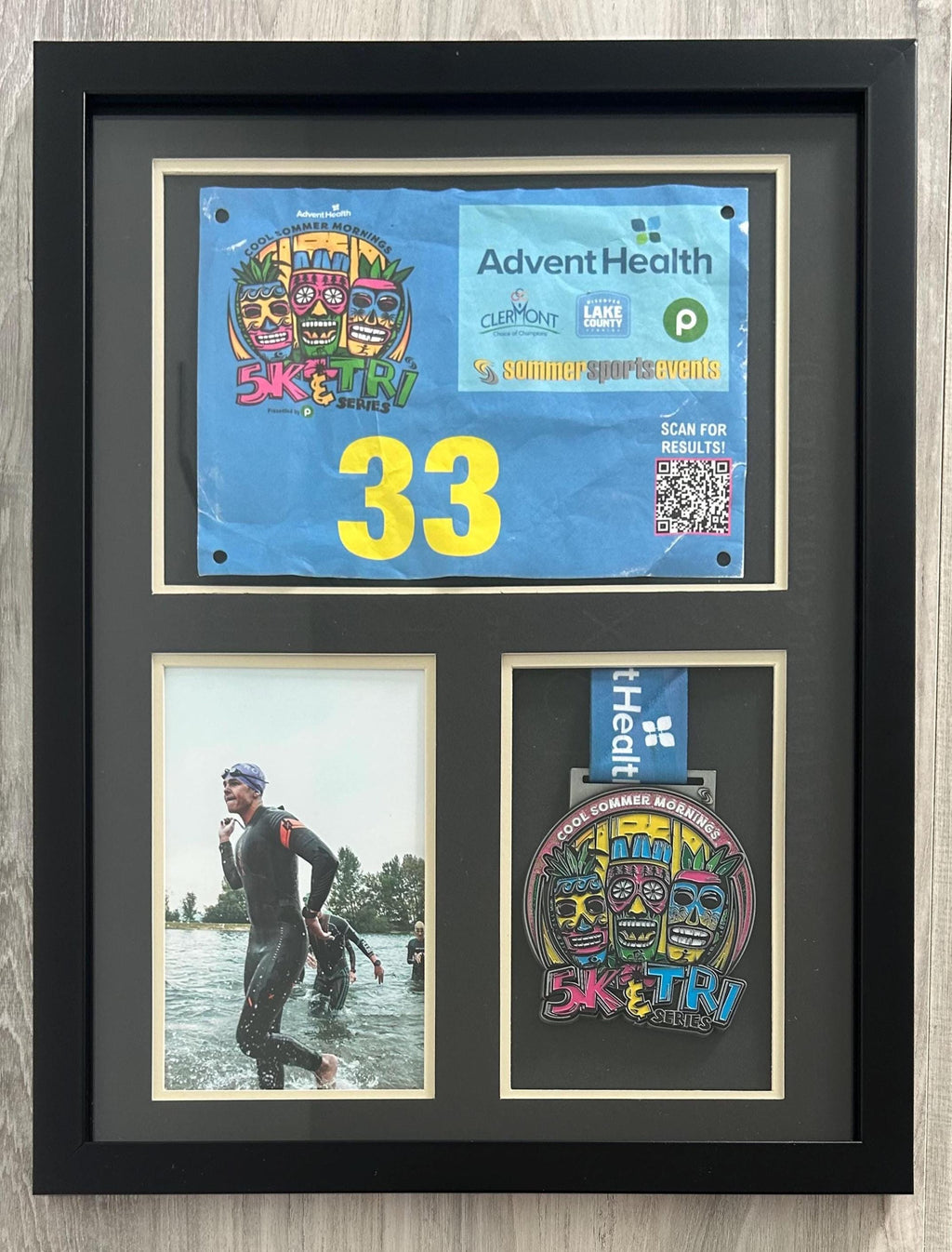 Triathlon Medal Display Frame: Medal, Race Bib, & Photo