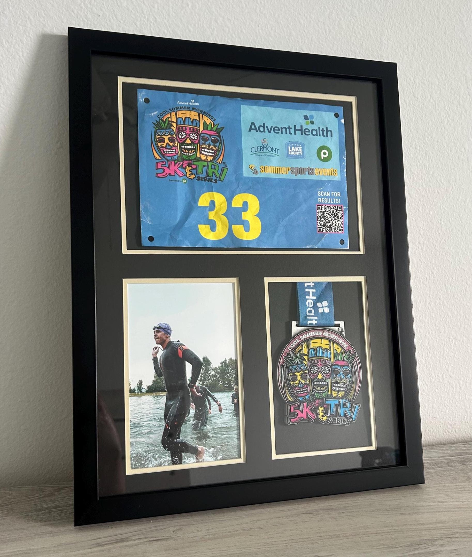 Triathlon Medal Display Frame: Medal, Race Bib, & Photo