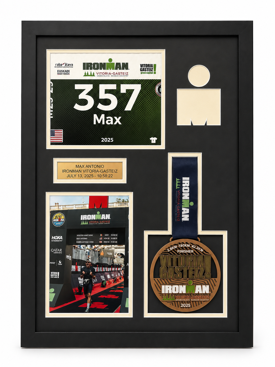 Personalized Ironman Triathlon Medal Display Frame: Medal, Race Bib, & Photo